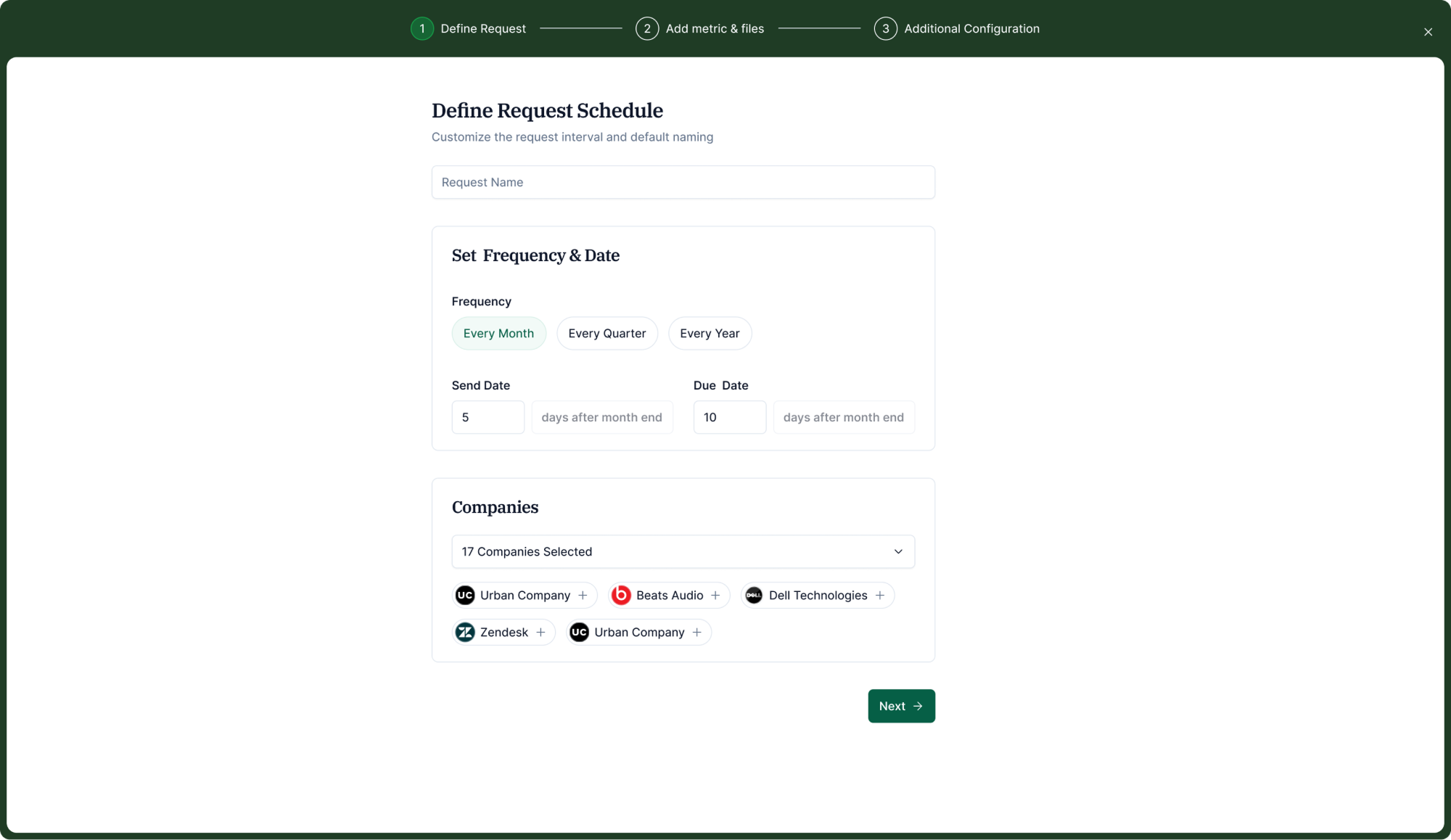Step 1: Define request name, frequency, send date, and portfolio companies