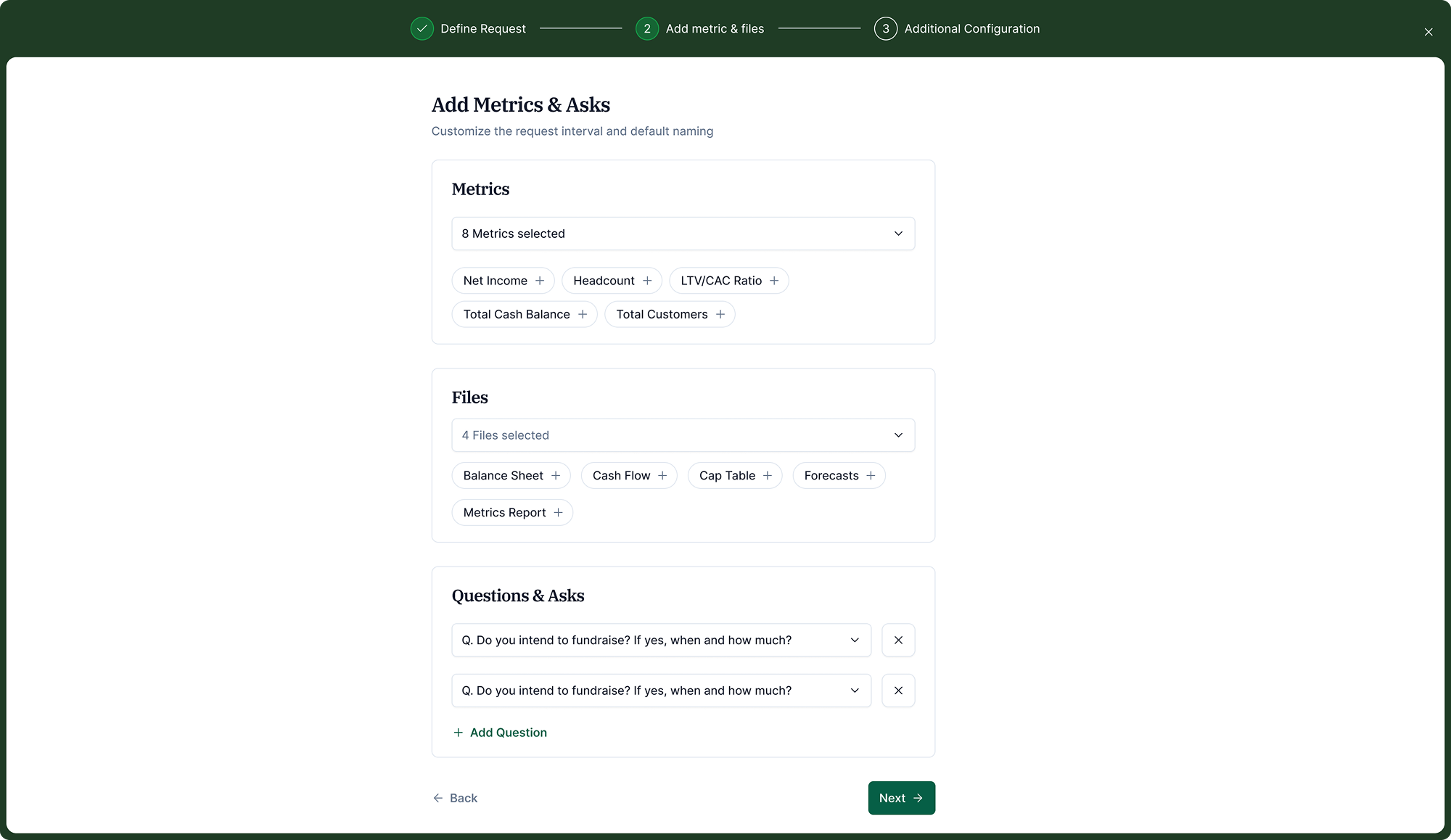 Step 2: Metrics, files, and questions fully configured