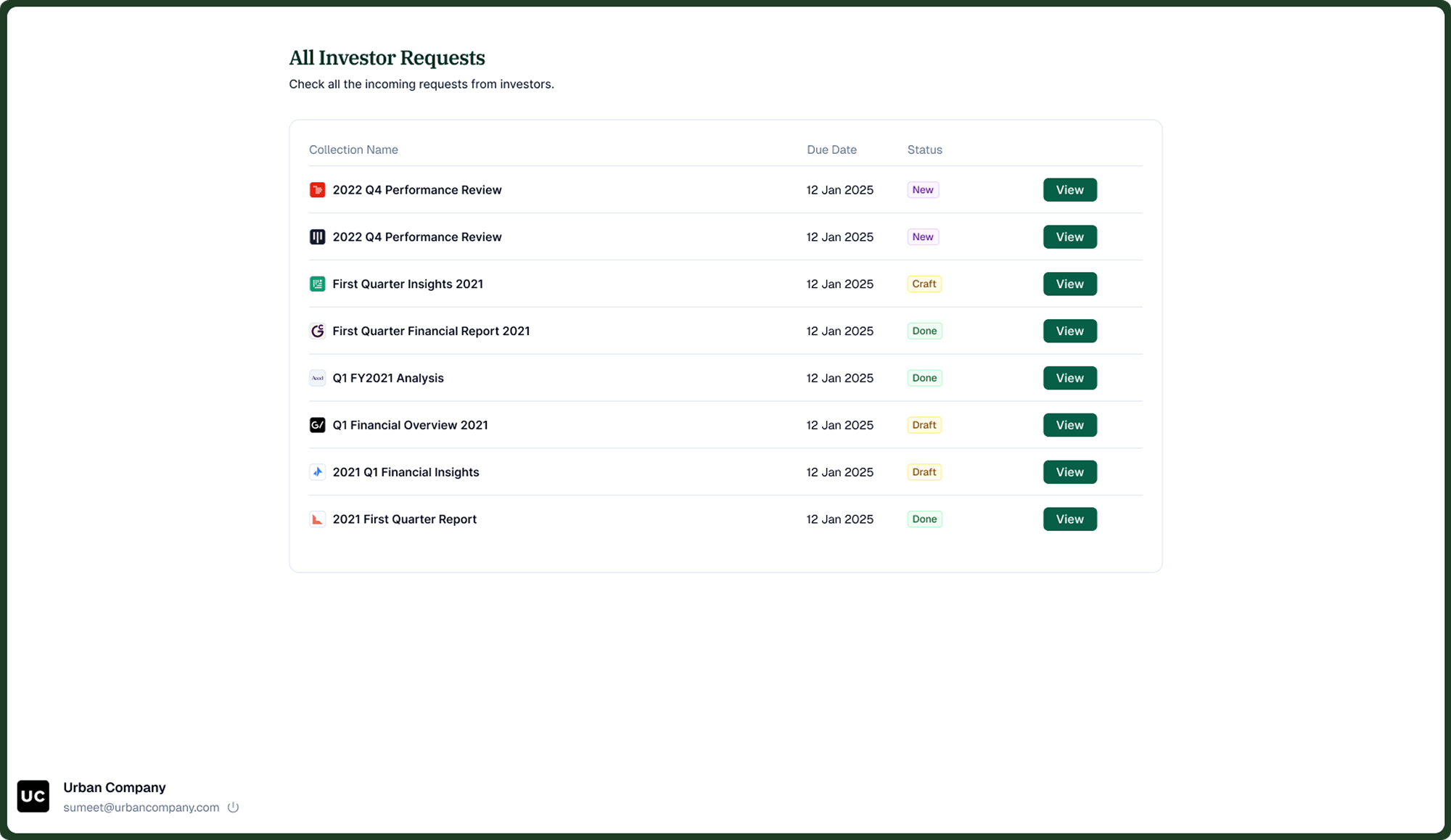 Portfolio company: inbox showing all pending investor requests