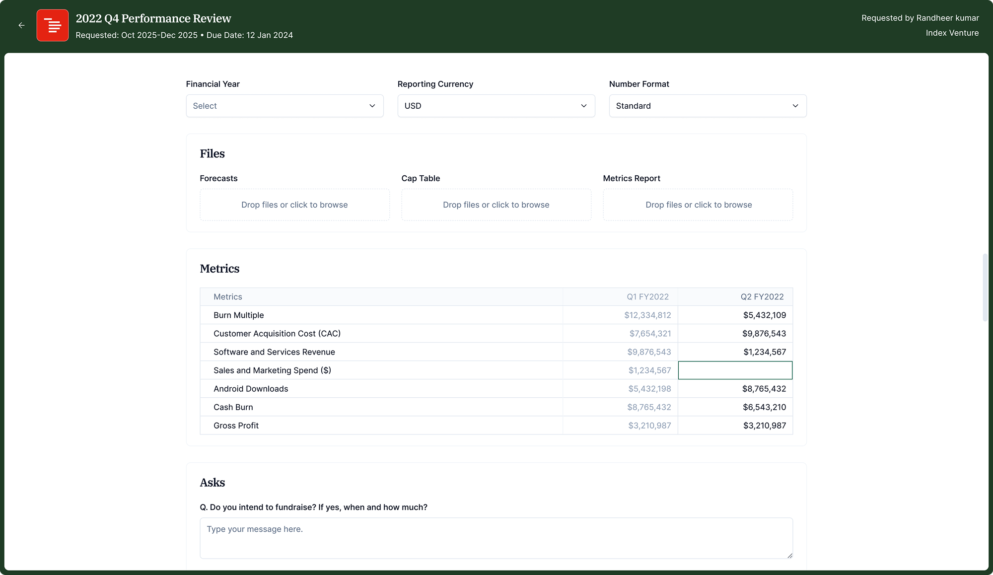 Portfolio company: filling in the metrics form with prior period visible