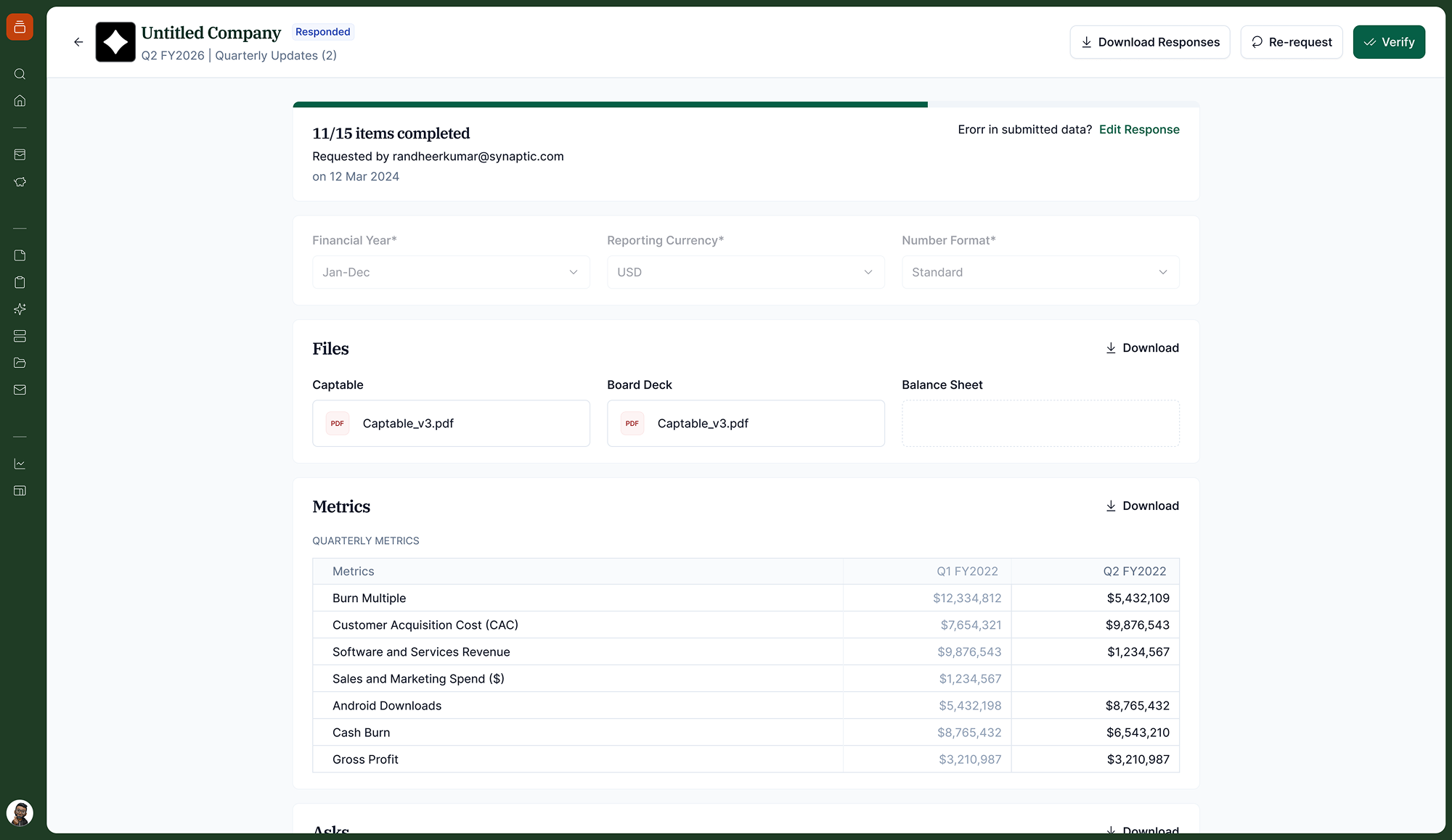 Investor: reviewing a submitted response before marking it verified