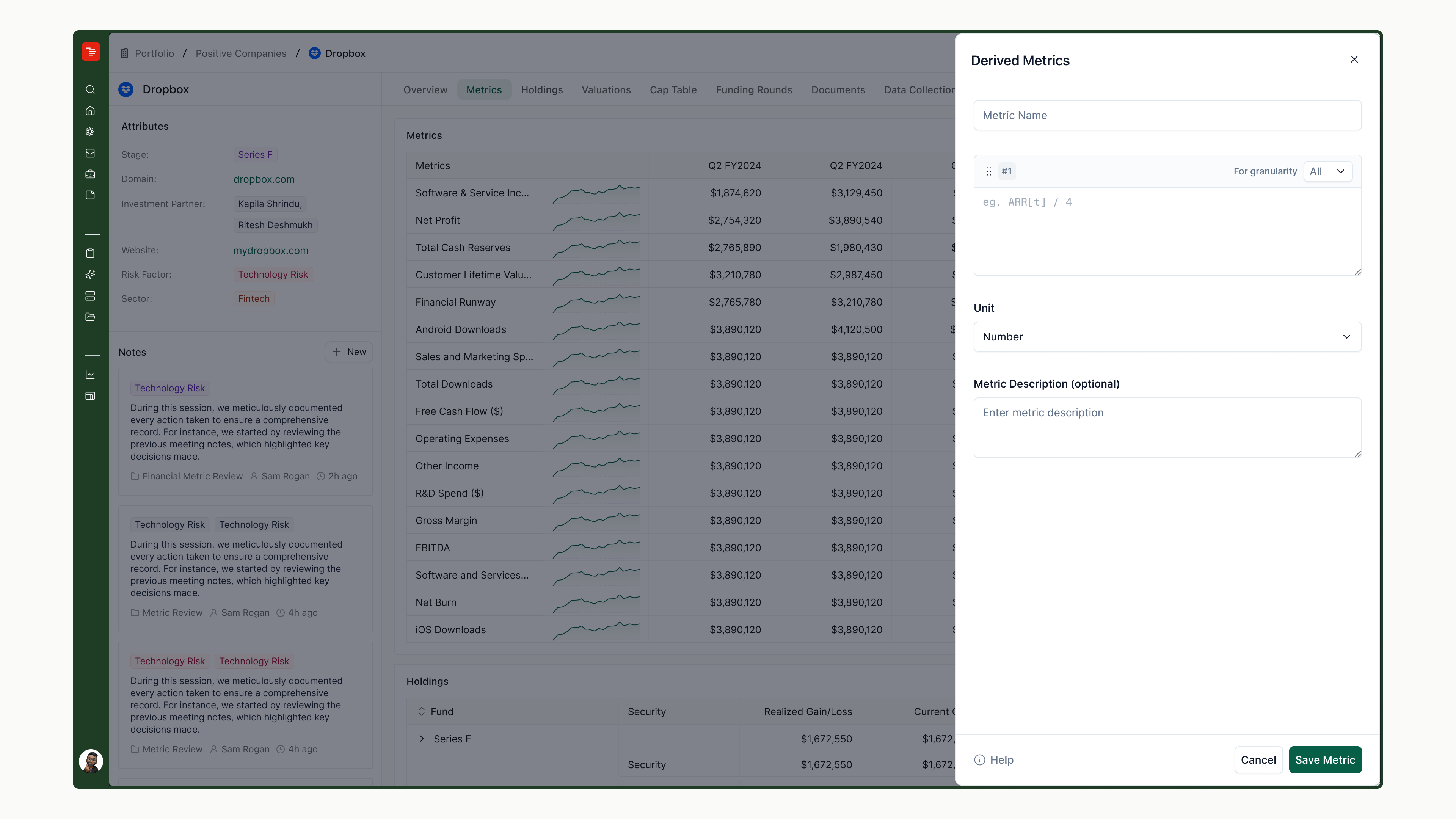 Derived Metrics creation panel in its empty state: metric name, formula field with a granularity selector, unit dropdown, and optional description