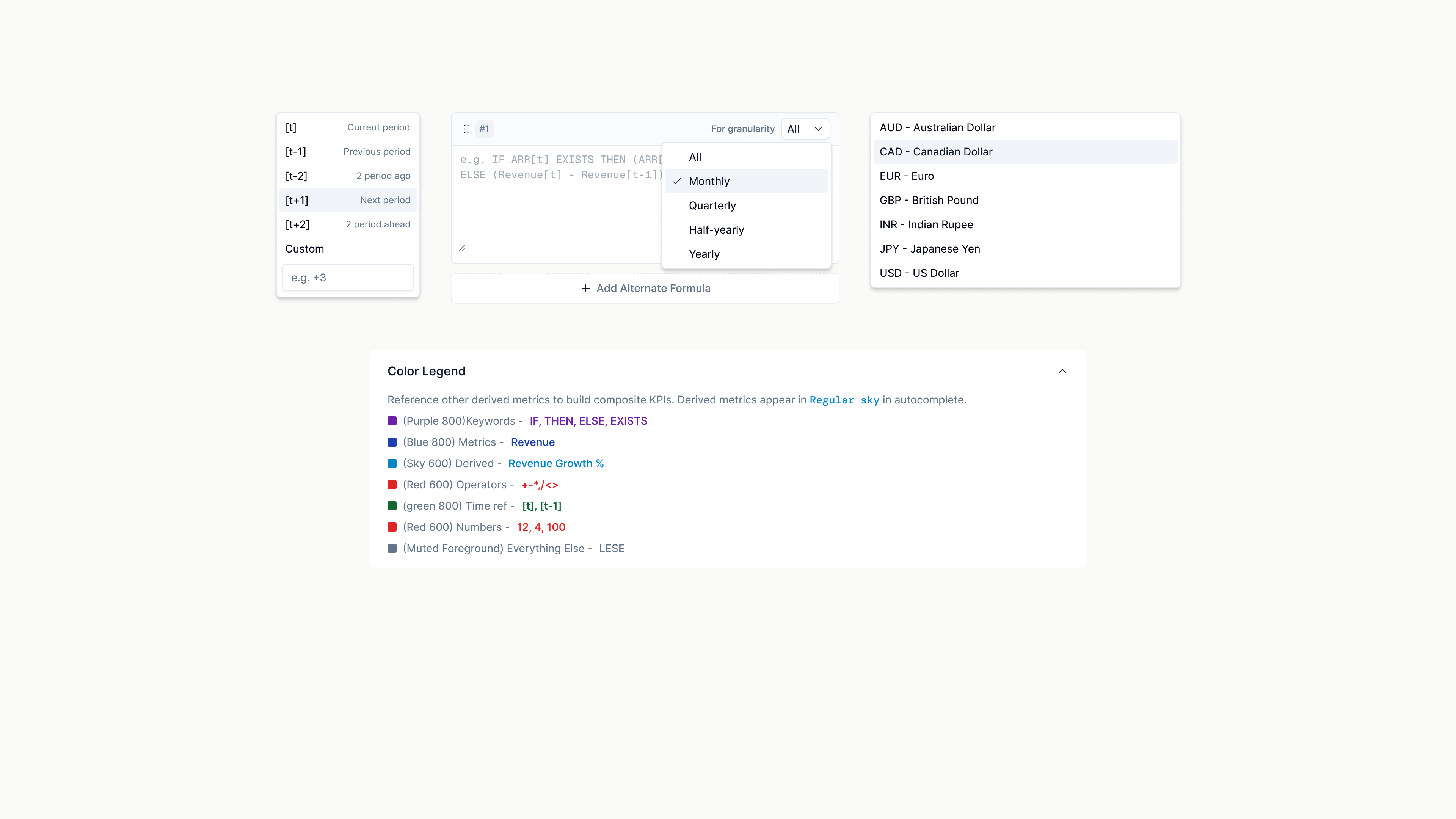 Formula builder controls: time reference picker, granularity dropdown, currency selector, and color-coded token legend