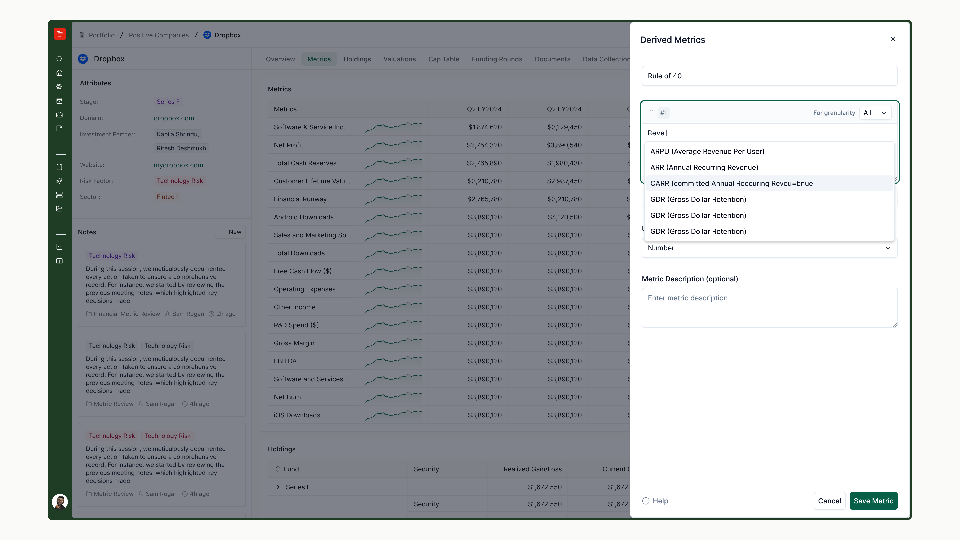 Derived Metrics panel with the inline metric search dropdown open, showing matching metrics like ARPU, ARR, CARR, and GDR while building a Rule of 40 formula