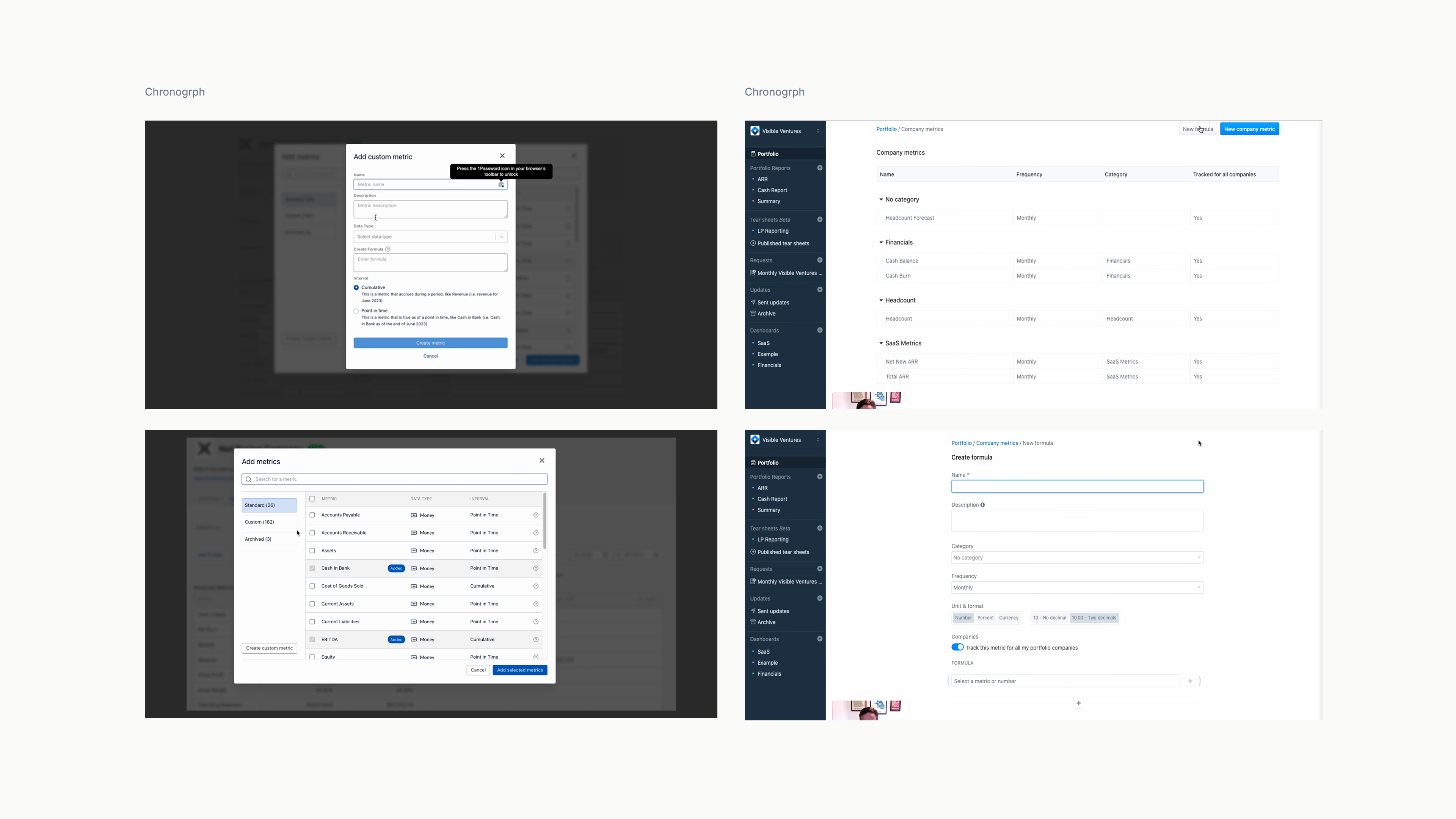 Chronograph competitor reference: custom metric creation modal, metric selection, formula creation page, and company metrics list grouped by category