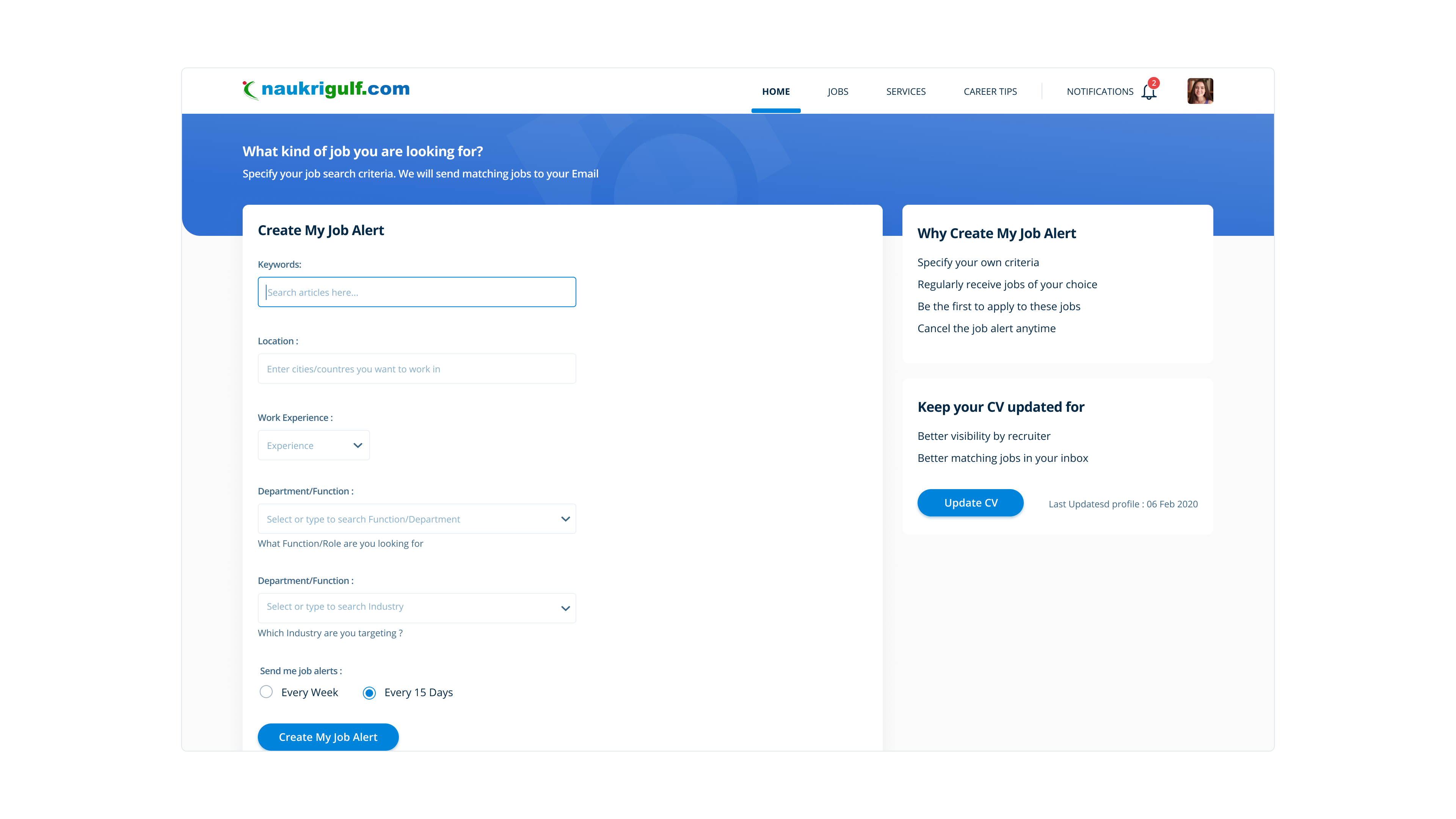 Naukrigulf create job alert form