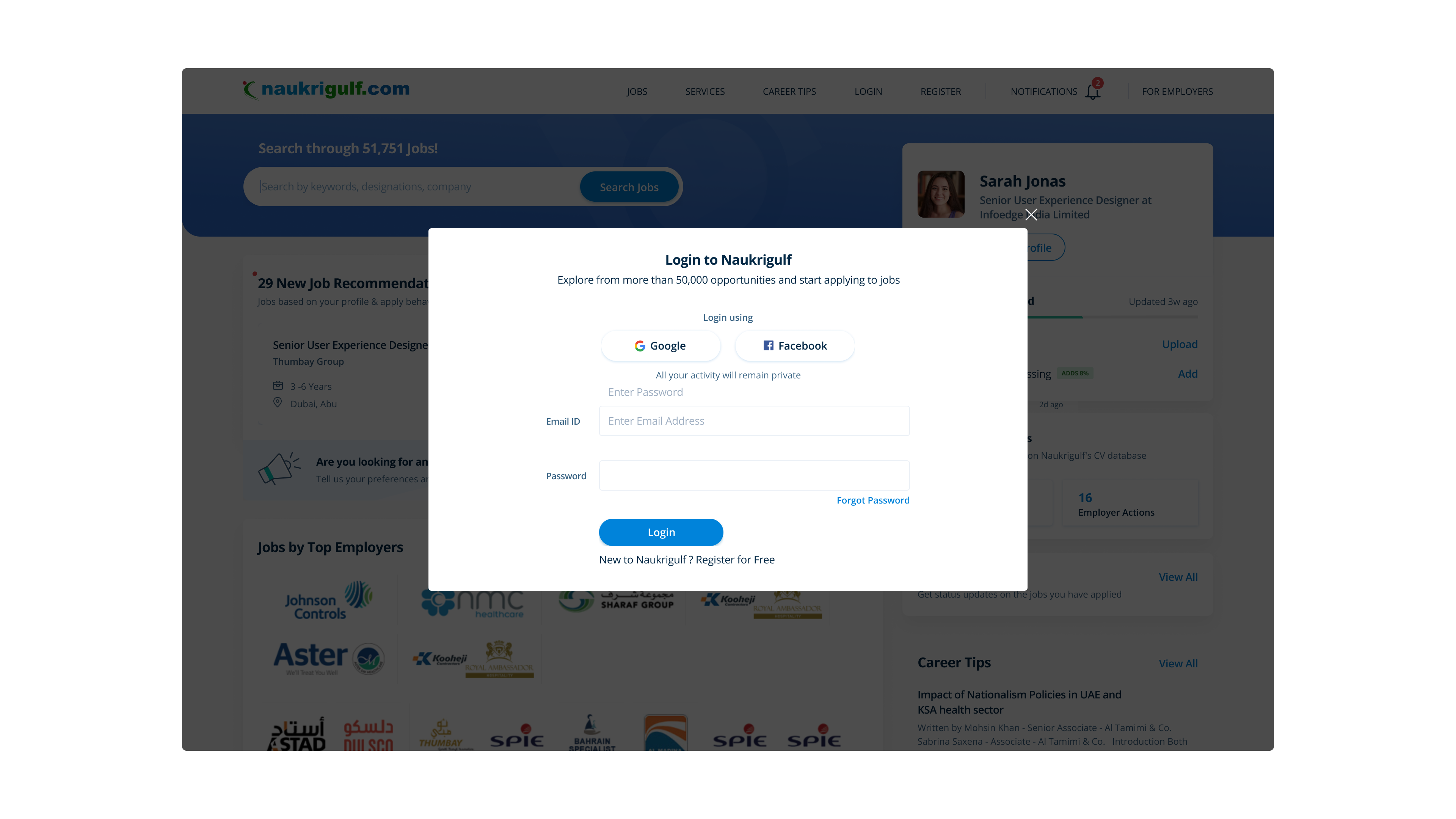 Naukrigulf home — new user, incomplete profile