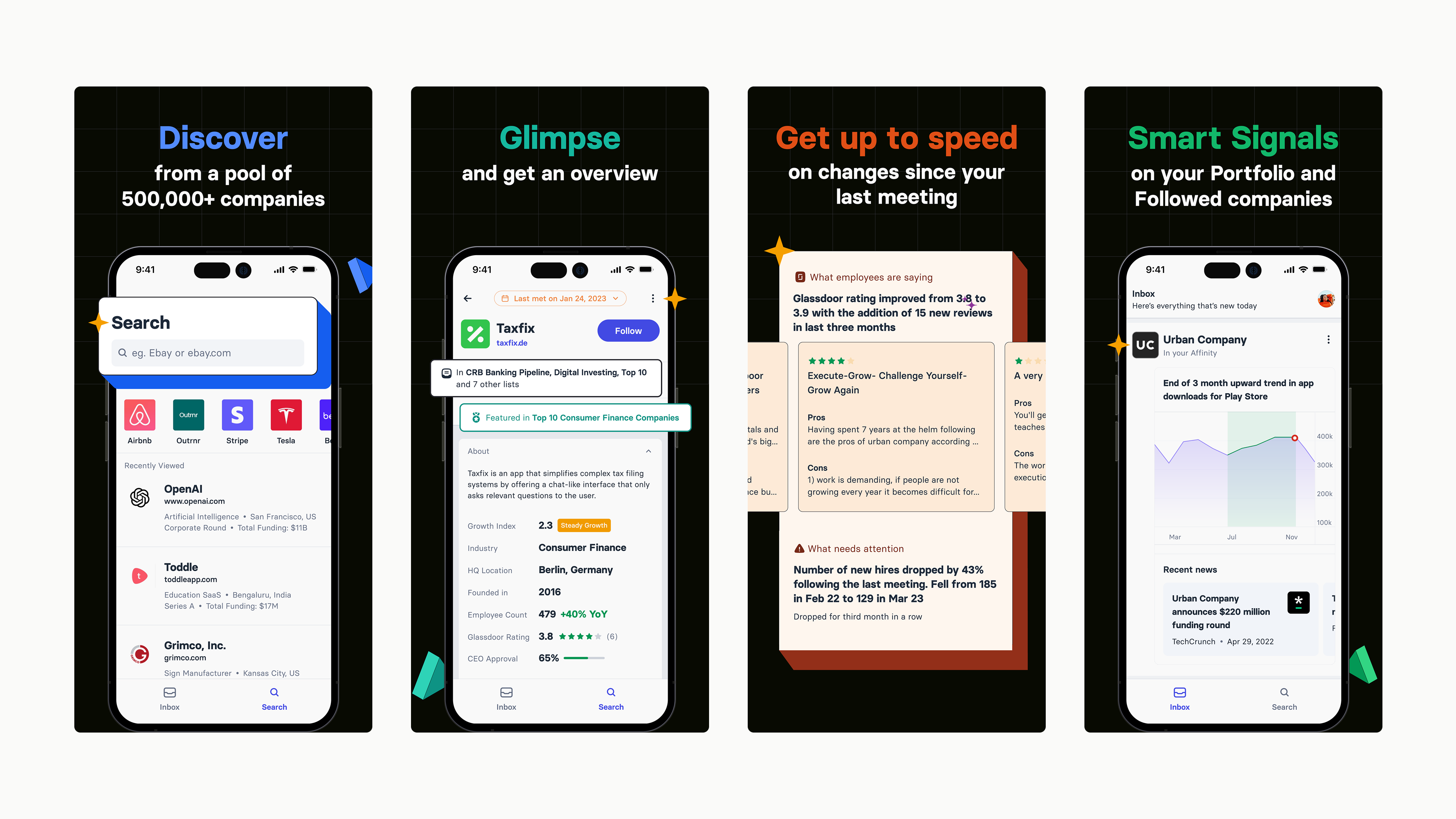 App Store screenshots for Insights by Synaptic: discover from a pool of 500,000+ companies, glimpse and get an overview, get up to speed on changes since your last meeting, and smart signals on your portfolio and followed companies