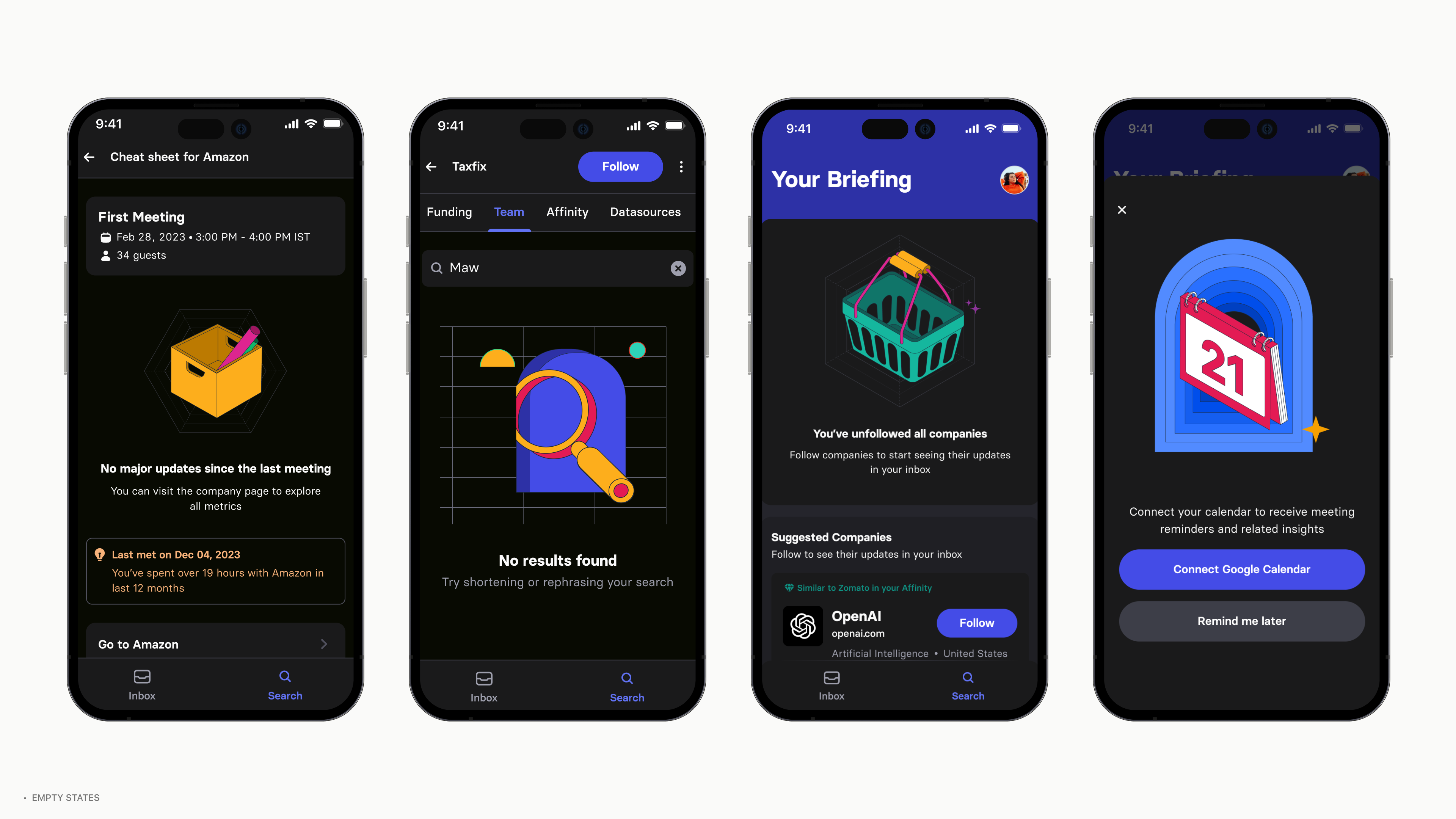 Empty states across the app: no major updates since the last meeting, no search results found, you have unfollowed all companies, and a prompt to connect Google Calendar