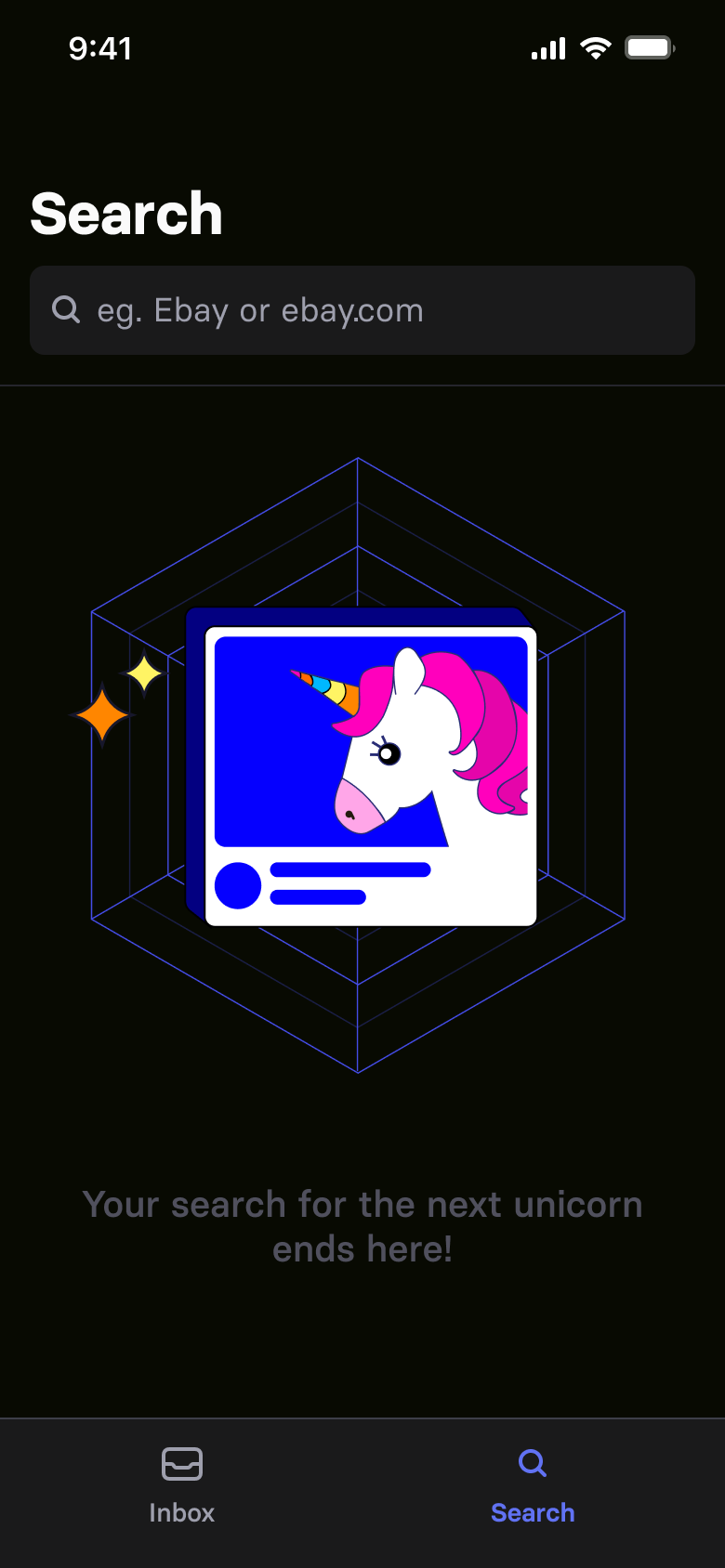 Search screen empty state, reading your search for the next unicorn ends here