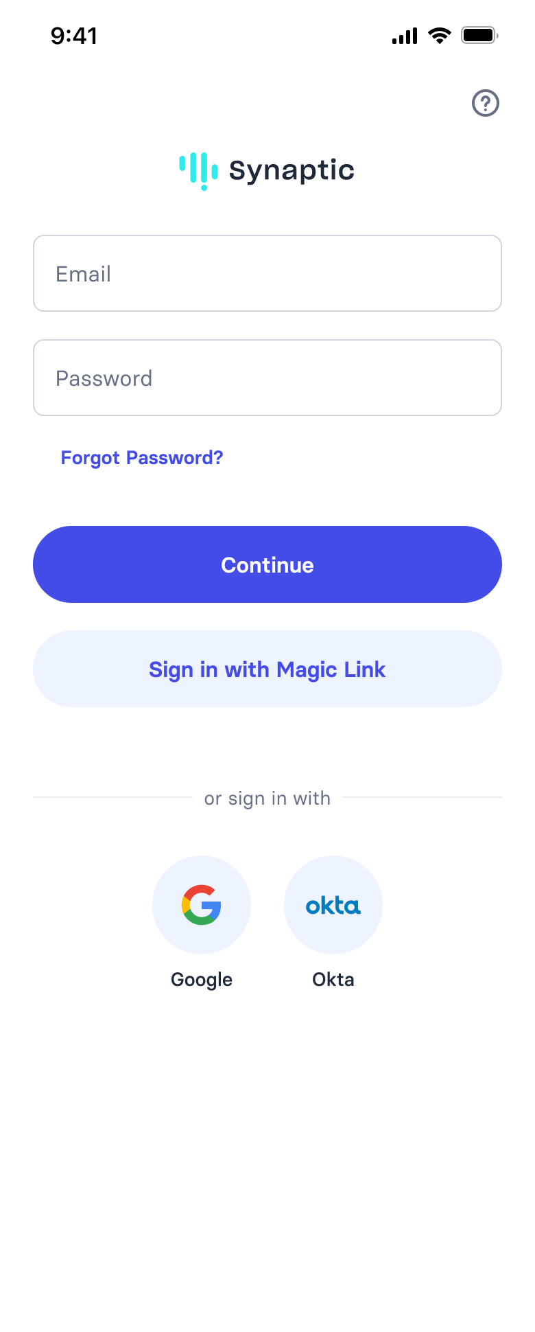 Sign in screen with email and password fields, a magic link option, and Google and Okta sign-in