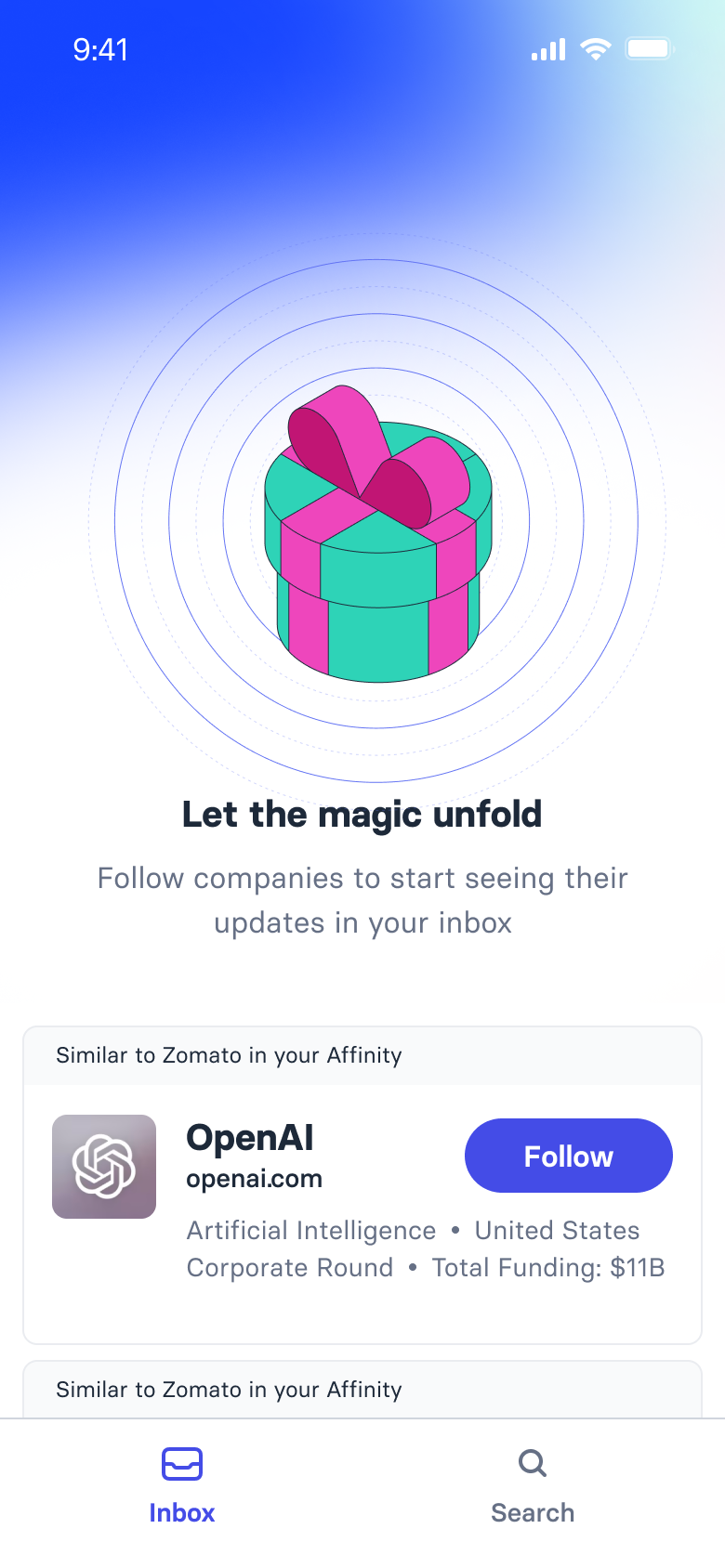 Inbox empty state with suggested companies to follow based on the user's affinity