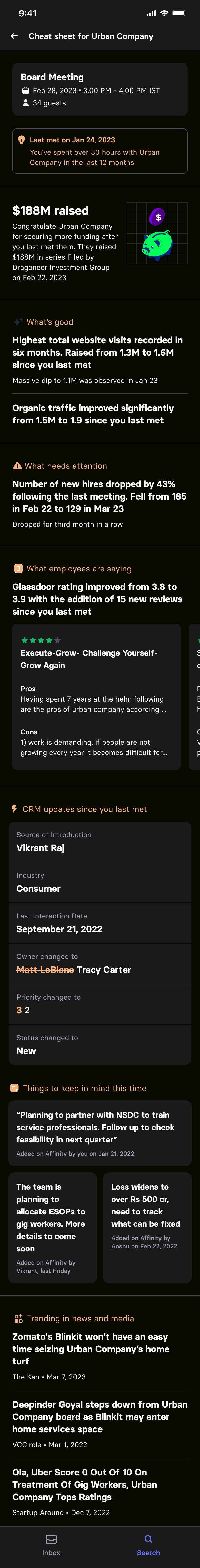 Cheat sheet summarising what changed for a company since the last meeting