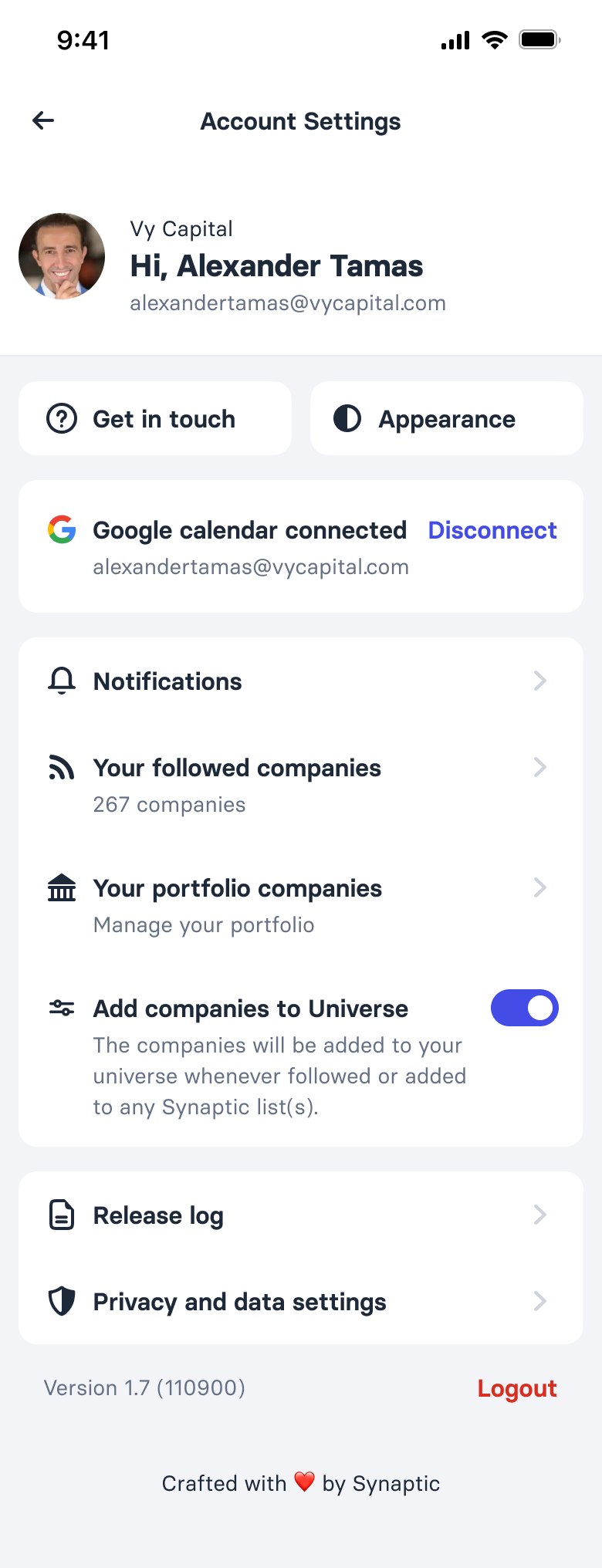 Account settings in light mode: profile card, get in touch and appearance shortcuts, connected Google calendar, notifications, followed and portfolio companies, add companies to universe toggle, release log, privacy settings and logout