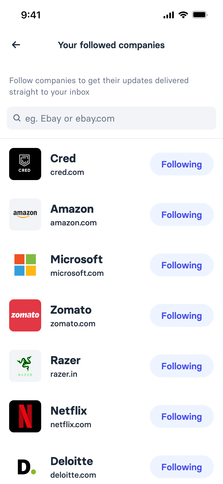 Your followed companies with a search field and a list of followed companies, each with a Following toggle