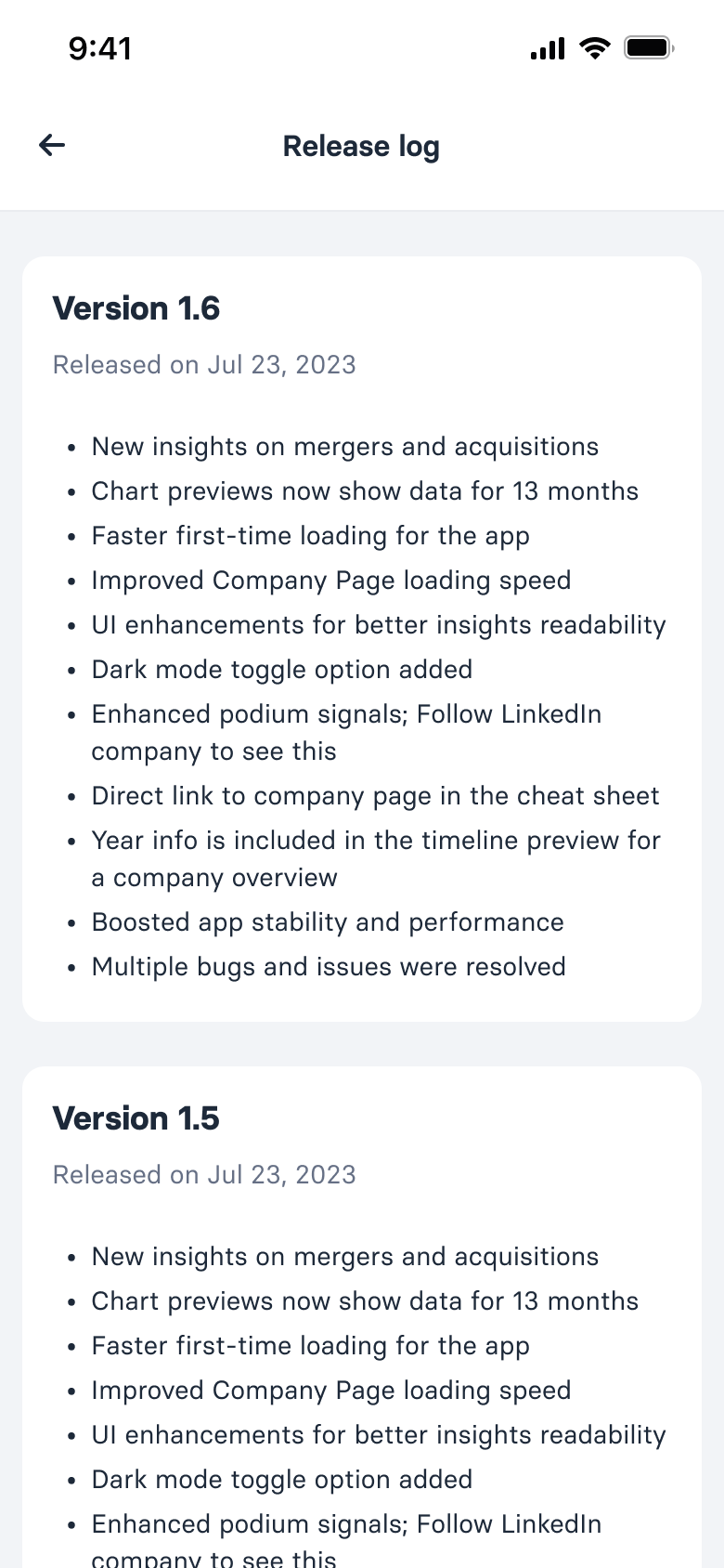 Release log listing each app version with its release date and the changes shipped in it