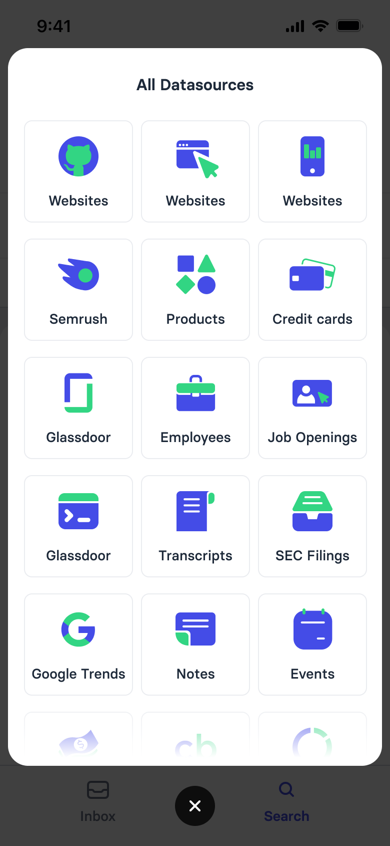 All Datasources sheet listing the datasets behind the app: websites, Semrush, products, credit cards, Glassdoor, employees, job openings, transcripts, SEC filings, Google Trends, notes and events