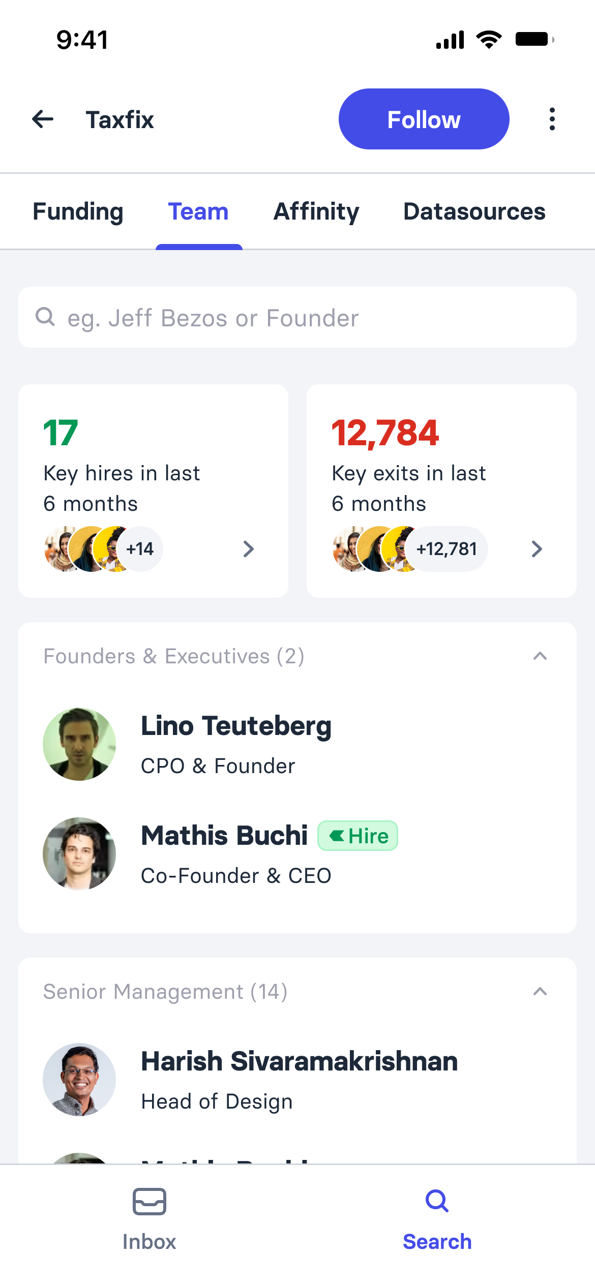 Team tab of a company page: a person search, key hires and key exits in the last six months with counts and avatars, then founders and executives and senior management with photos, names, titles and hire flags