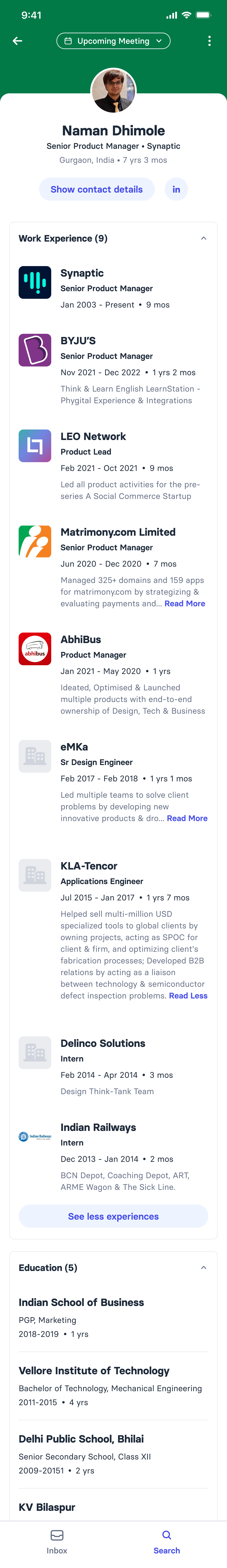 Person profile for a senior product manager: photo, current role and tenure, contact and LinkedIn actions, nine work experiences with dates and descriptions, and five education entries