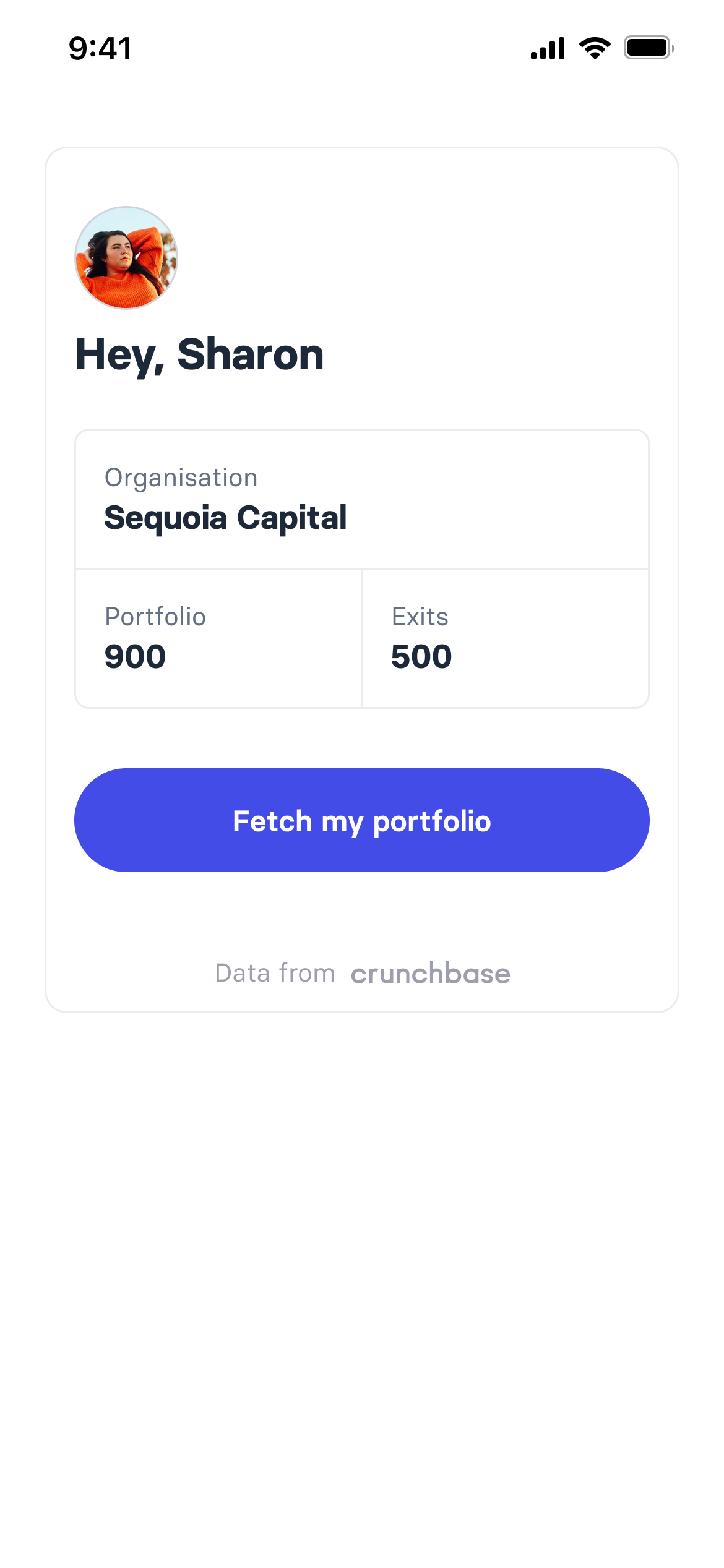 Onboarding step one: a greeting card confirming the user's organisation with its portfolio and exit counts, and a fetch my portfolio action, sourced from Crunchbase