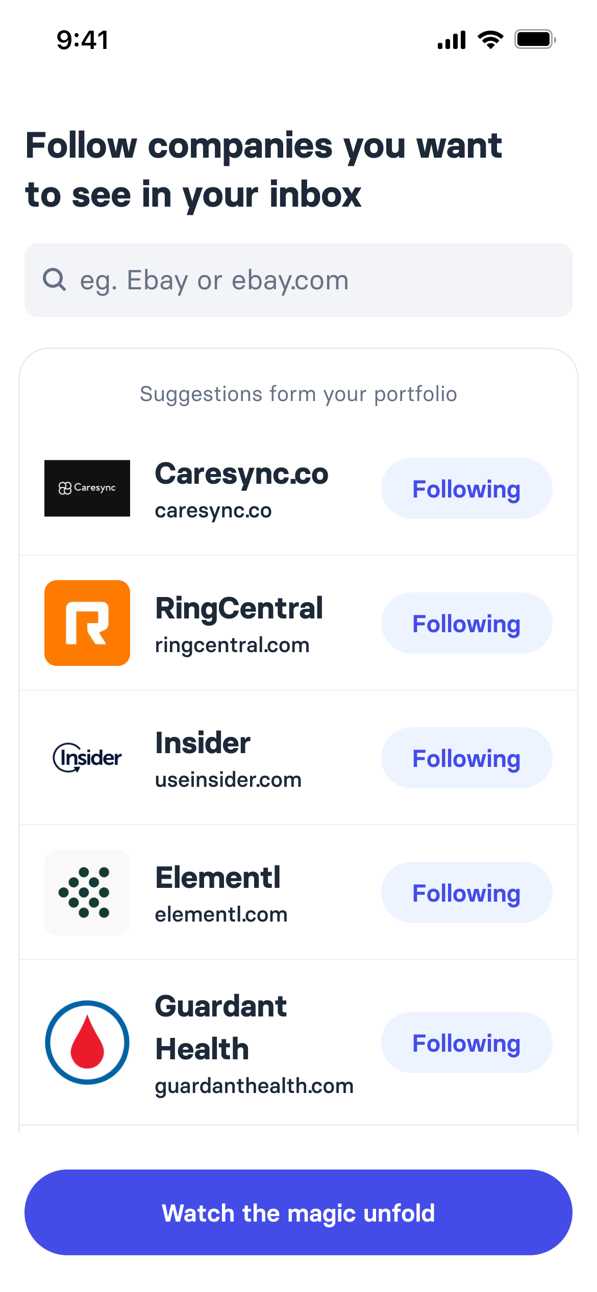 Onboarding step two: follow companies to see in your inbox, with a search field and suggestions drawn from the portfolio, each with a following toggle