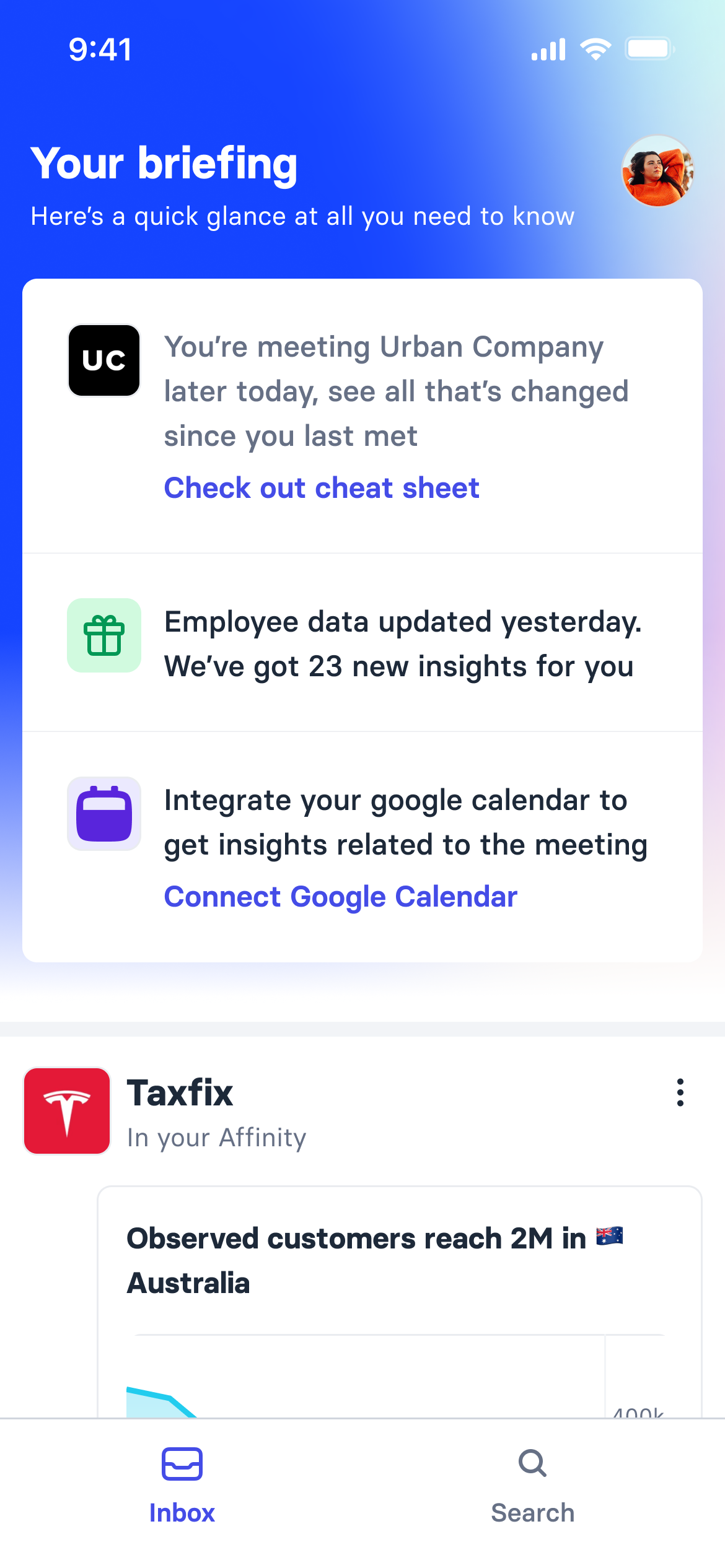 Onboarding complete: the Your briefing home with a meeting prompt linking to the cheat sheet, an employee-data update, a connect Google Calendar prompt, and the first signal card
