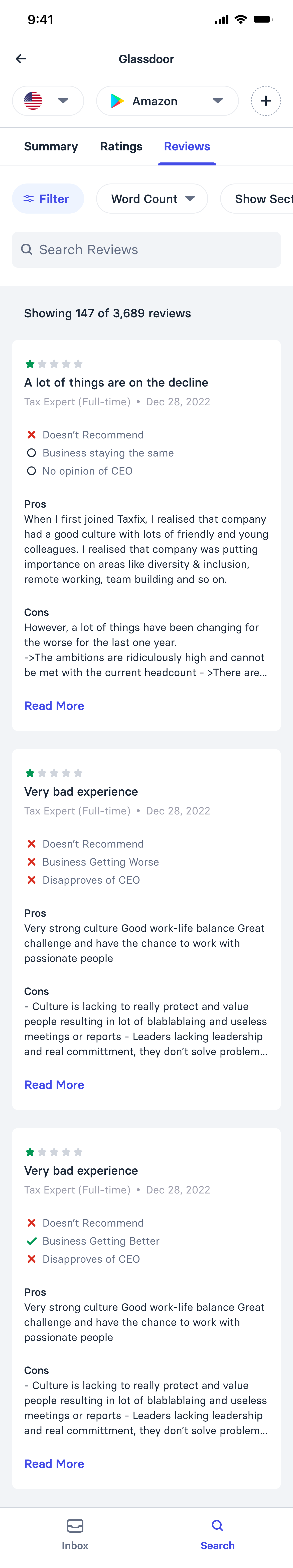 Glassdoor dataset on the reviews tab: filter, word count and section controls, a review search, and individual reviews with rating, role, recommendation flags, pros and cons