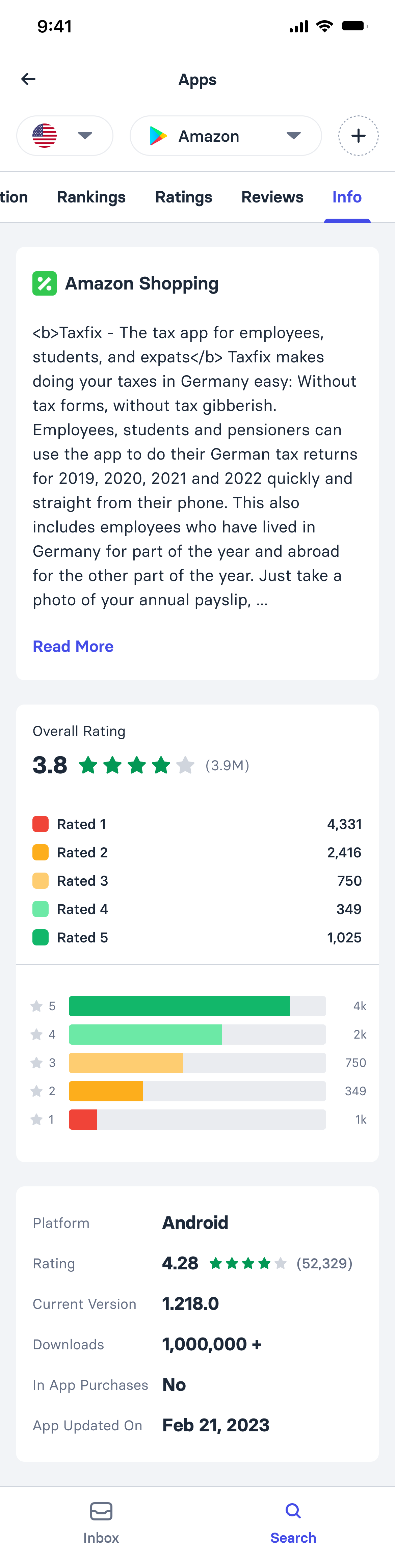 App store dataset on the info tab: store listing description, overall rating with its distribution across one to five stars, and platform, version, downloads and last-updated details