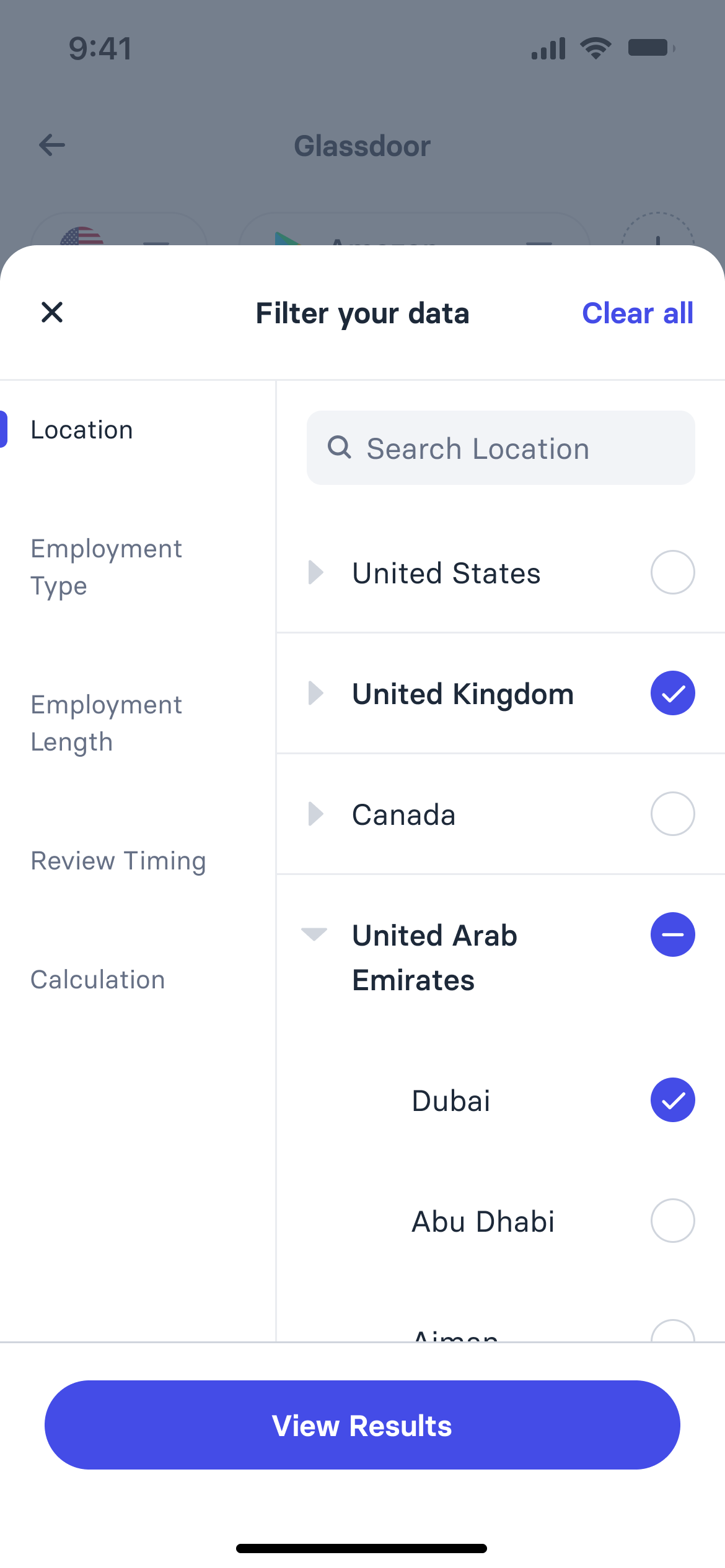 Filter your data sheet over the Glassdoor dataset: location, employment type, employment length, review timing and calculation categories, with a country and city tree part-selected, and a view results action
