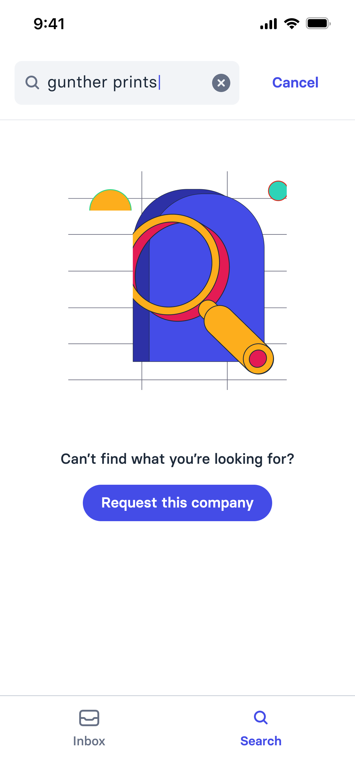 No results for a company search, with an illustration, the line can't find what you're looking for, and a request this company action