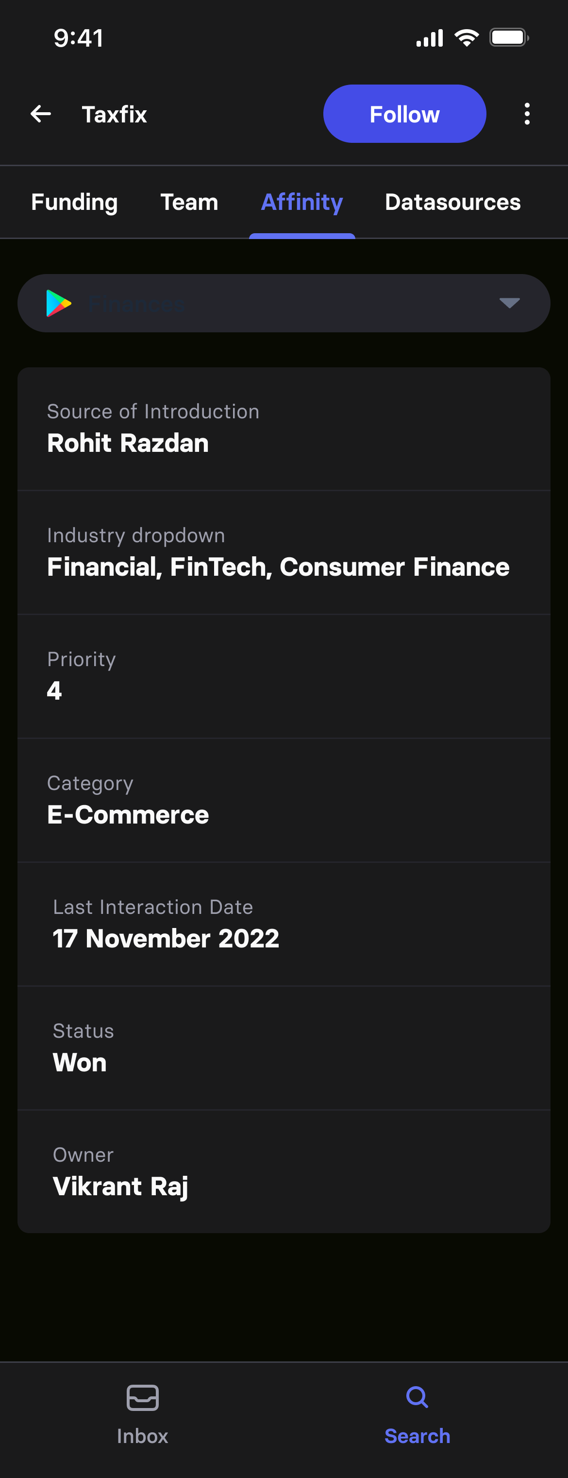Affinity tab of the company page, pulling CRM fields through: source of introduction, industry, priority, category, last interaction date, deal status and owner