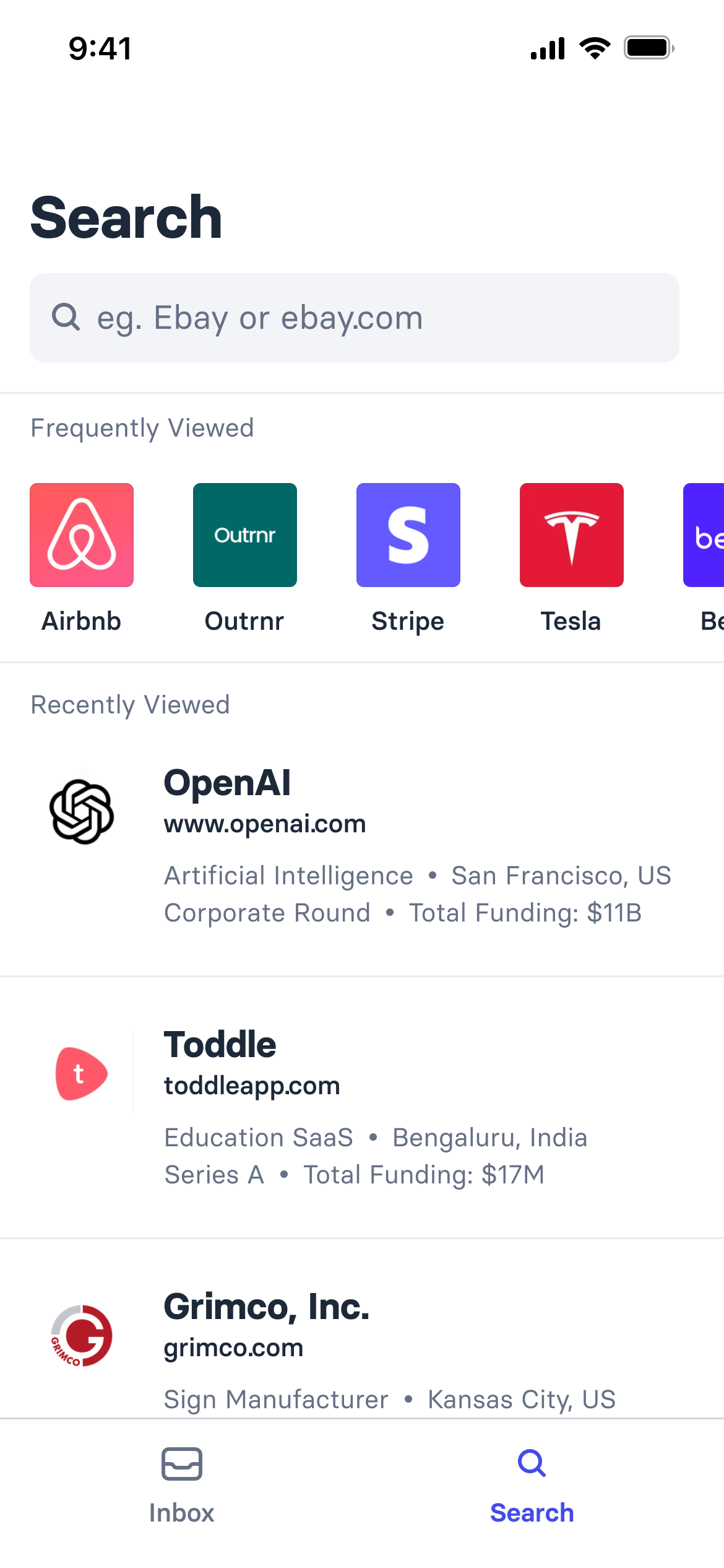 Search home with recently viewed companies and quick access tiles
