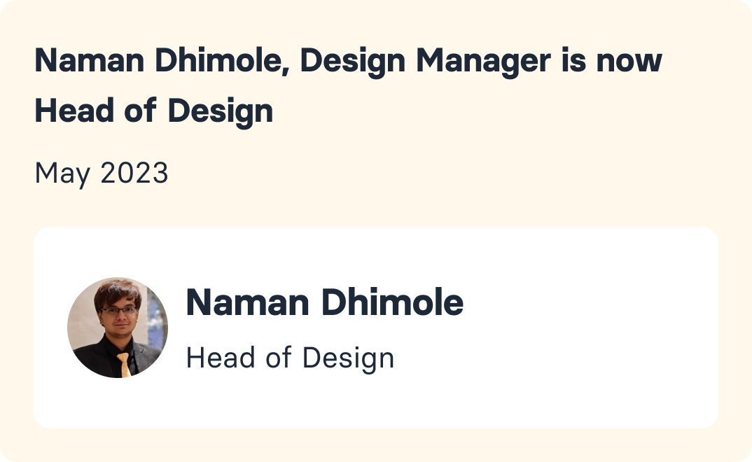 People card: a design manager promoted to Head of Design, with their photo and new title