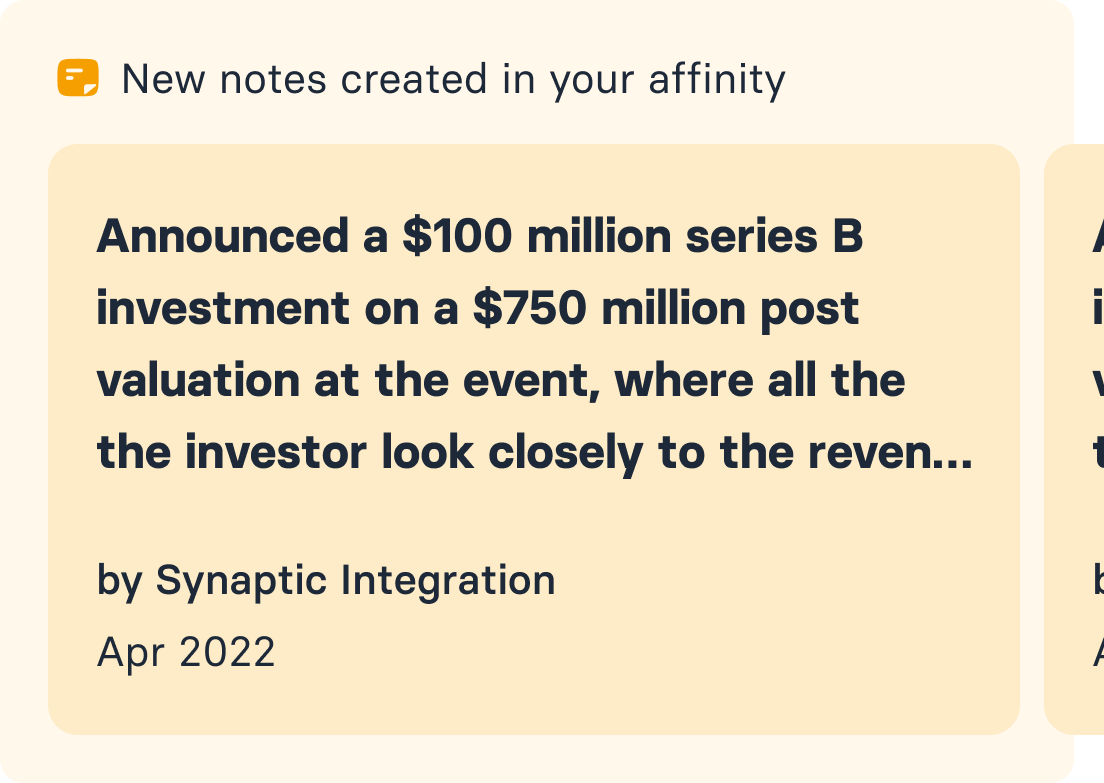 CRM card carrying new notes created in Affinity, shown as a swipeable stack